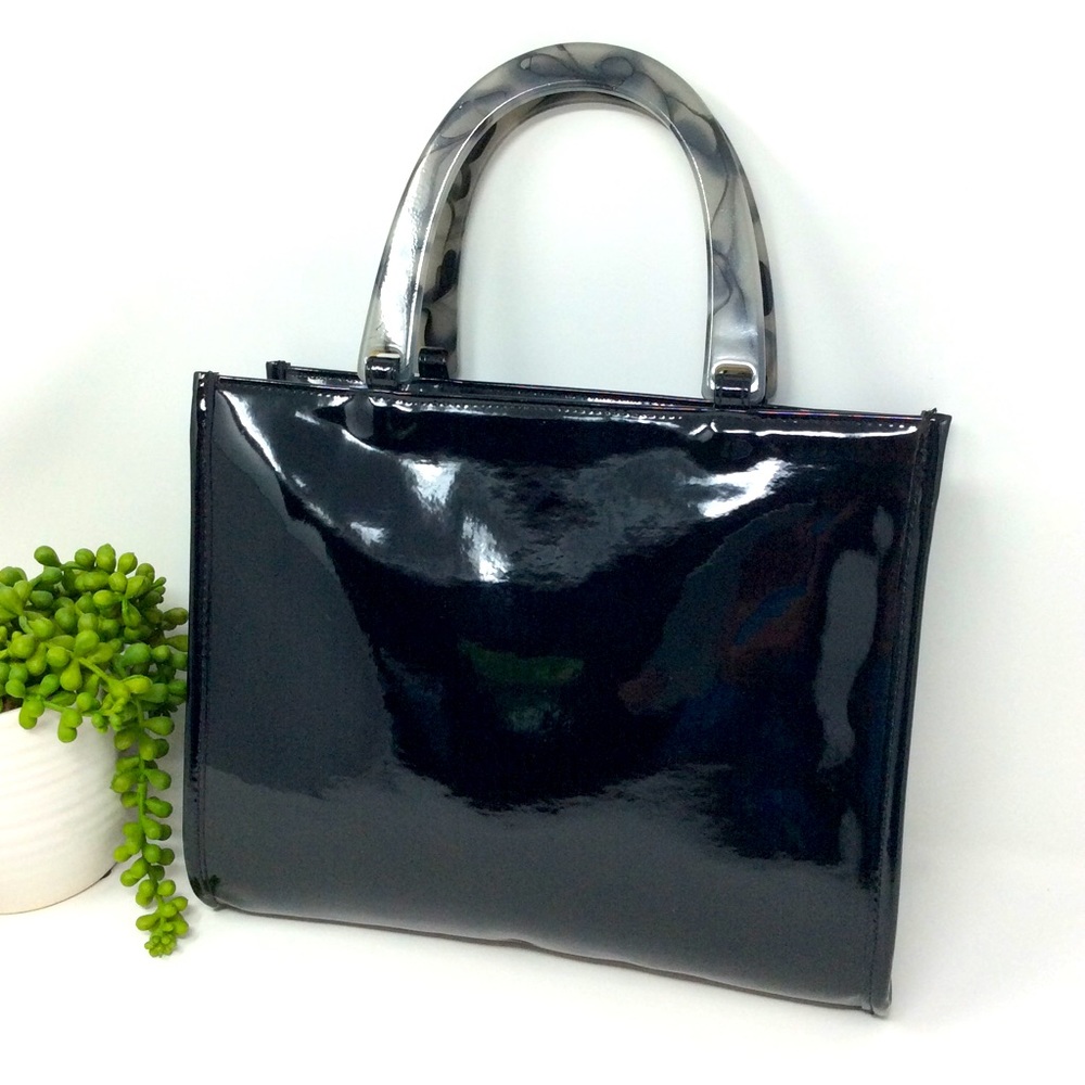 Neiman Marcus Black Patent Tote with Marbleized Top Handles